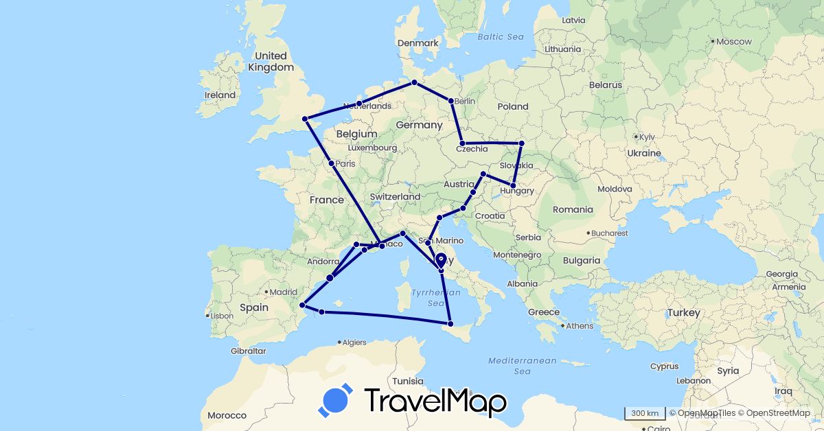TravelMap itinerary: driving in Austria, Czech Republic, Germany, Spain, France, United Kingdom, Hungary, Italy, Netherlands, Poland, Slovenia (Europe)